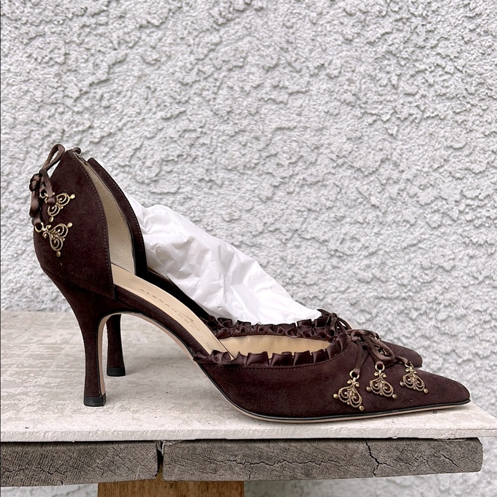 Alexandra Neel VTG Victorian Brown Ruffle Lace Up Adorned Kitten Heels Pump 5.5